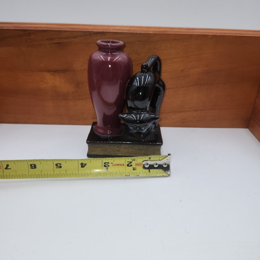 Vintage Redware Black Cat W/ Bud Vase on book bookend Made In Japan - Picture 7 of 10